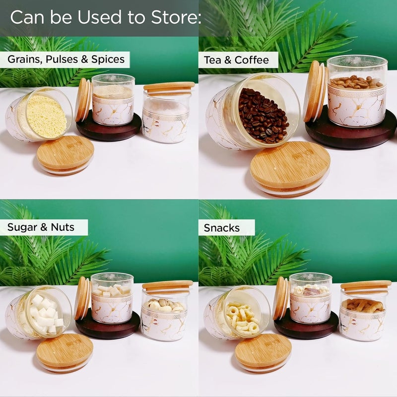 UMAI Pack of 3 Kitchen Organizer Borosilicate Jars with Bamboo Lid & Tray | 3 Pcs 850 ml | Glass Jars for Cookies, Spices, Snacks, Tea, Coffee, Sugar | BPA Free | White - Image 4