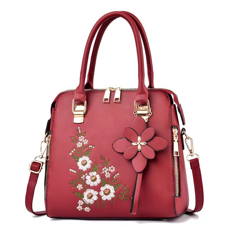 Womens bag 2023 new fashion embroidered womens bag Korean style fashion shoulder messenger bag middle-aged womens bag double-layer small bag Wine red - Image 1