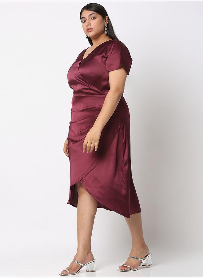 Mish - Solid Satin Wrap V-Neck Dress with Pleated Detail by Styli - Image 1