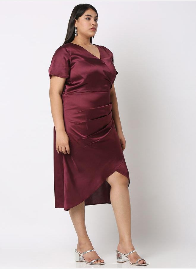Mish - Solid Satin Wrap V-Neck Dress with Pleated Detail by Styli - Image 1