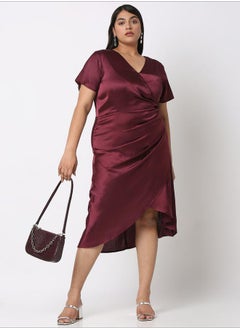 Solid Satin Wrap V-Neck Dress with Pleated Detail by Styli