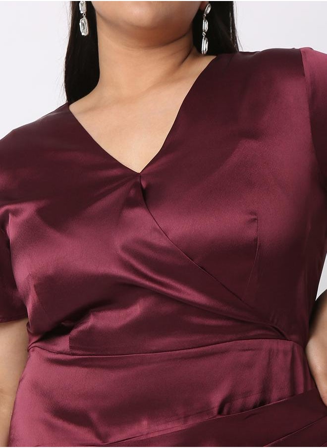 Mish - Solid Satin Wrap V-Neck Dress with Pleated Detail by Styli - Image 1