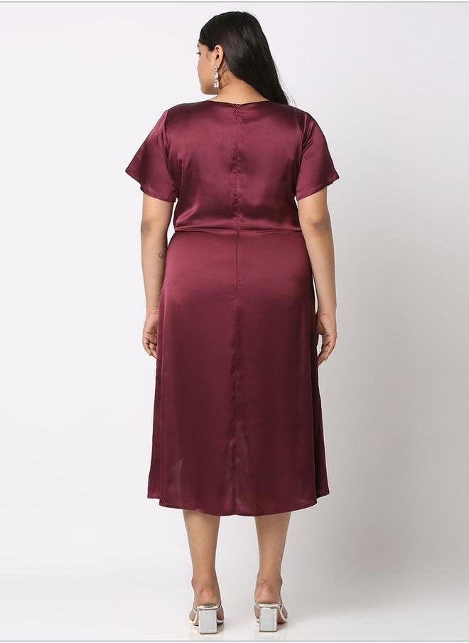 Mish - Solid Satin Wrap V-Neck Dress with Pleated Detail by Styli - Image 1