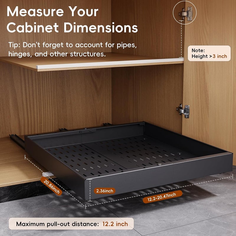 OneDream 2 Pack Pull Out Cabinet Organizer, 21" Deep Slide Out Drawers for Kitchen Cabinets, No Drill Adhesive Pull Out Drawers for Cabinets, Back Roll Out Shelves Adjustable Width 12.05"-20.4" - Image 3