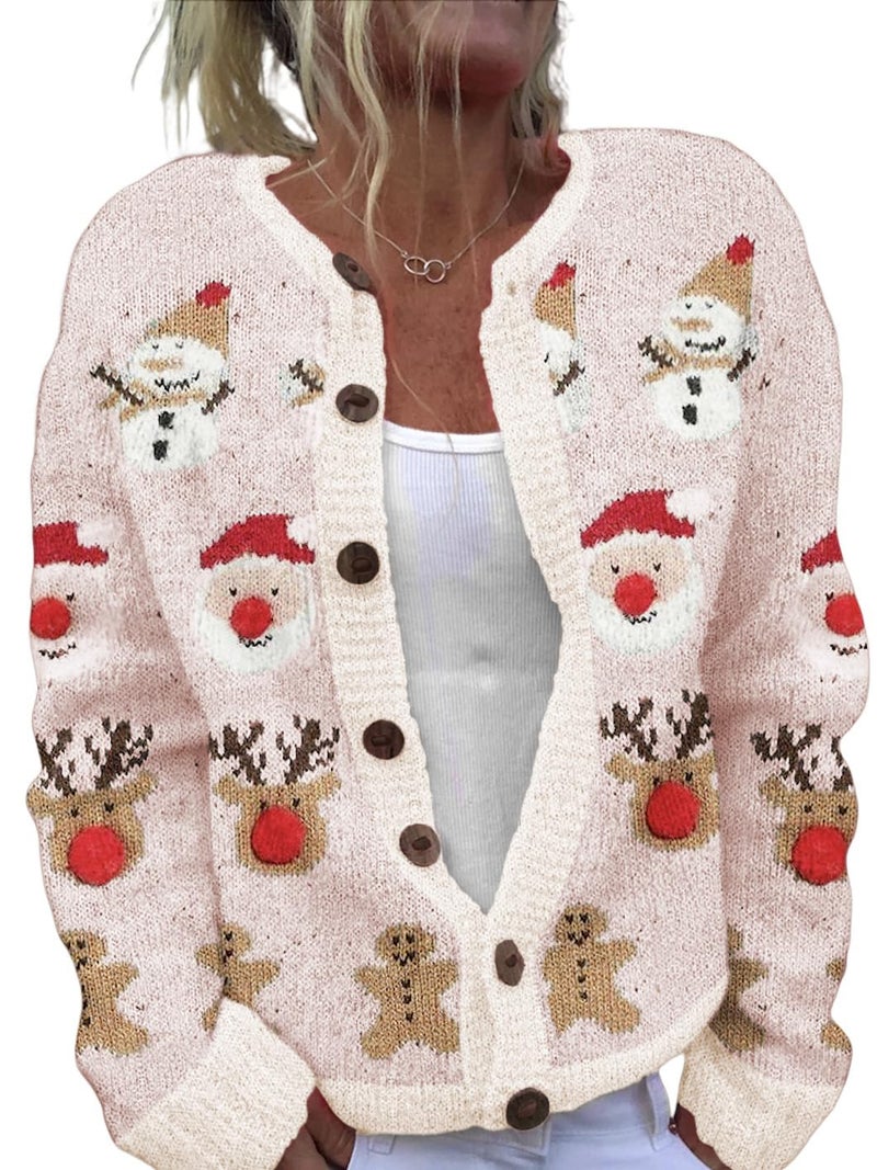 Beopjesk Women's Funny Fall Winter Long Sleeve Christmas Tree Elk Santa Claus Xmas Button Knit Cardigan Sweater Vintage Knitted Outerwear(Christmas-Winter,XXL) - Image 1