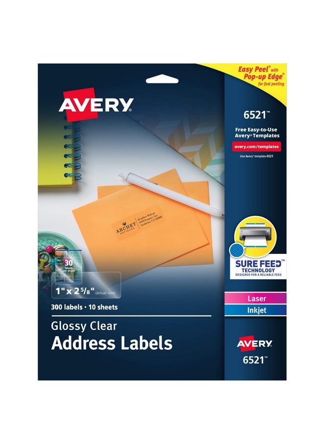 افيري ملصقات عناوين قابلة للطباعة من Avery بتقنية Sure Feed، مقاس 1 بوصة × 2-5/8 بوصة، شفافة لامعة، 300 ملصق بريد فارغ للطابعات الليزرية والحبرية (6521)  - Image 1