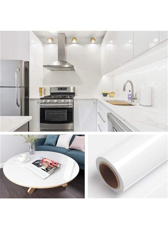 TRASSLE Glitter Glossy White Contact Paper Kitchen Cabinet Wallpaper Peel and Stick Counter Top Adhesive Waterproof Contact Paper for Countertops Removable Vinyl Wrap for Furniture (60CMx5M) - Image 1