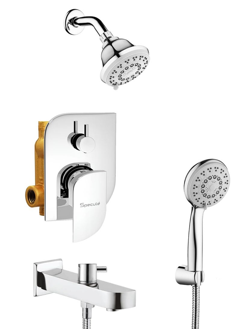 Specule Alive, Brass Concealed Body High Flow Diverter Full Set With 5-INCH, 5-Function, Overhead and Hand Shower, and Bath Tub Spout | Bathroom Shower System | Chrome - Image 1