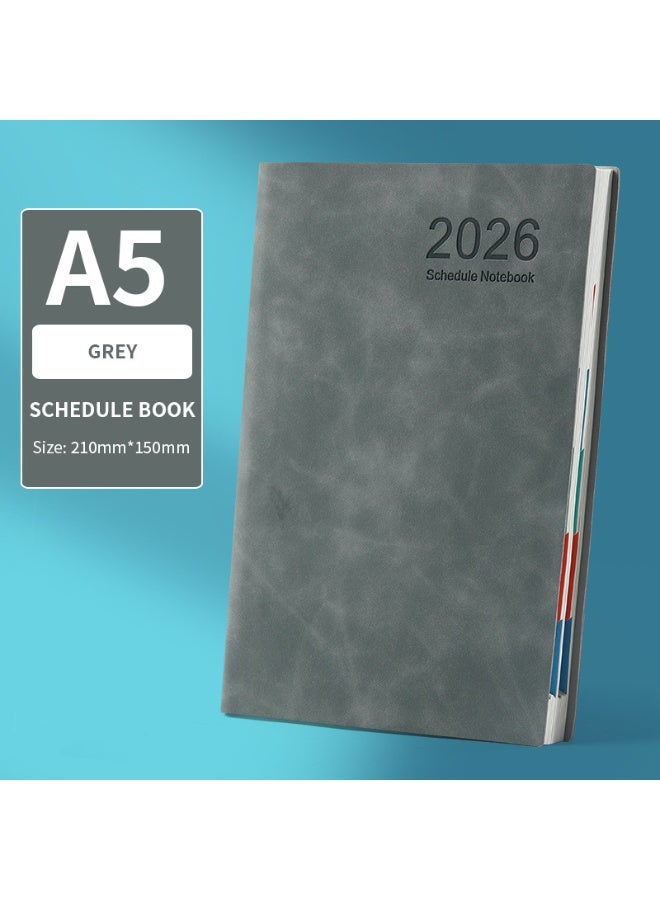 مخطط يومي 2026 مقاس A5: غلاف جلد و 380 صفحة سميكة، دفتر ملاحظات متين للأعمال والمدرسة ومذكرات العمل (رمادي) - Image 1