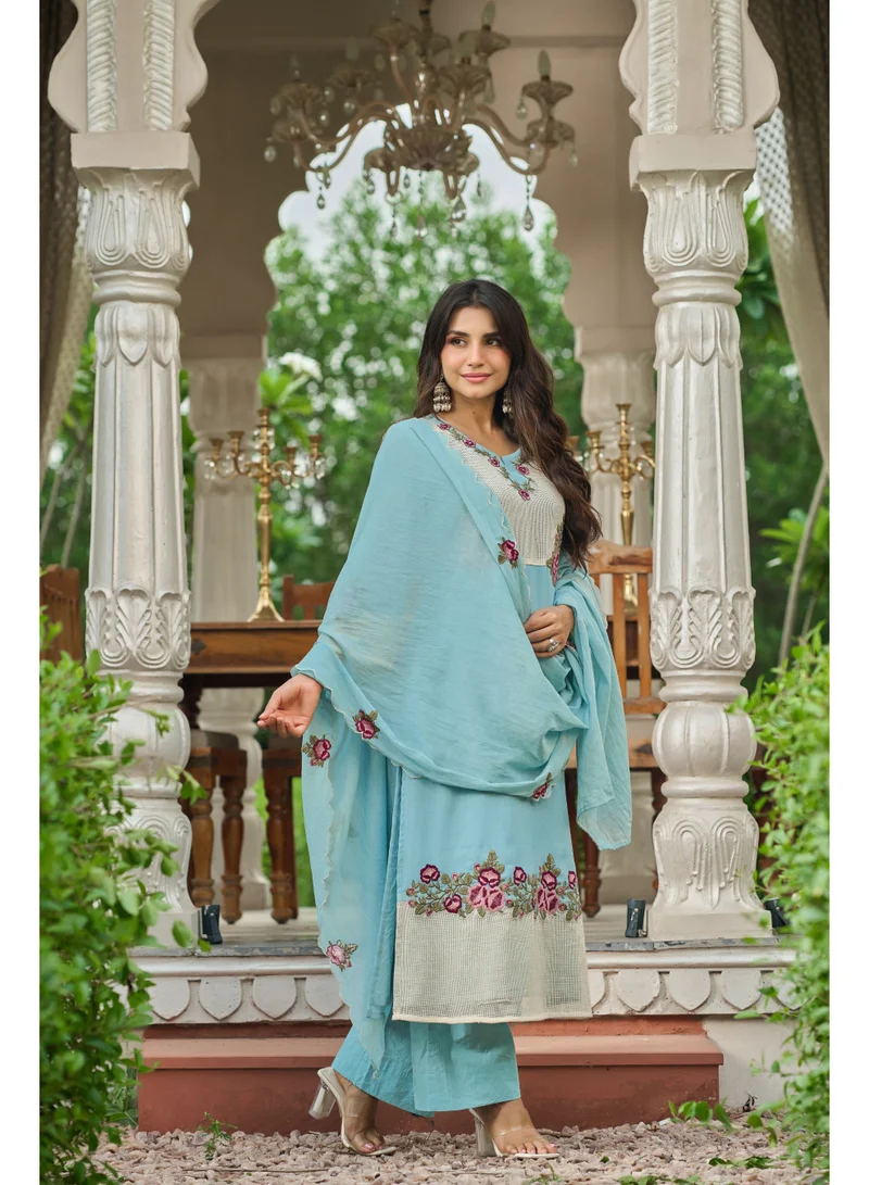 Priya’s Panache Premium Sky Blue Cotton Crush 3-Piece Suit Set for Women with Dupatta & Pants | Indian Ethnic Wear | Embroidered Salwar Suit | Kurti Set Ladies | Kurta Pant Dupatta Set | Festive & Family Wear