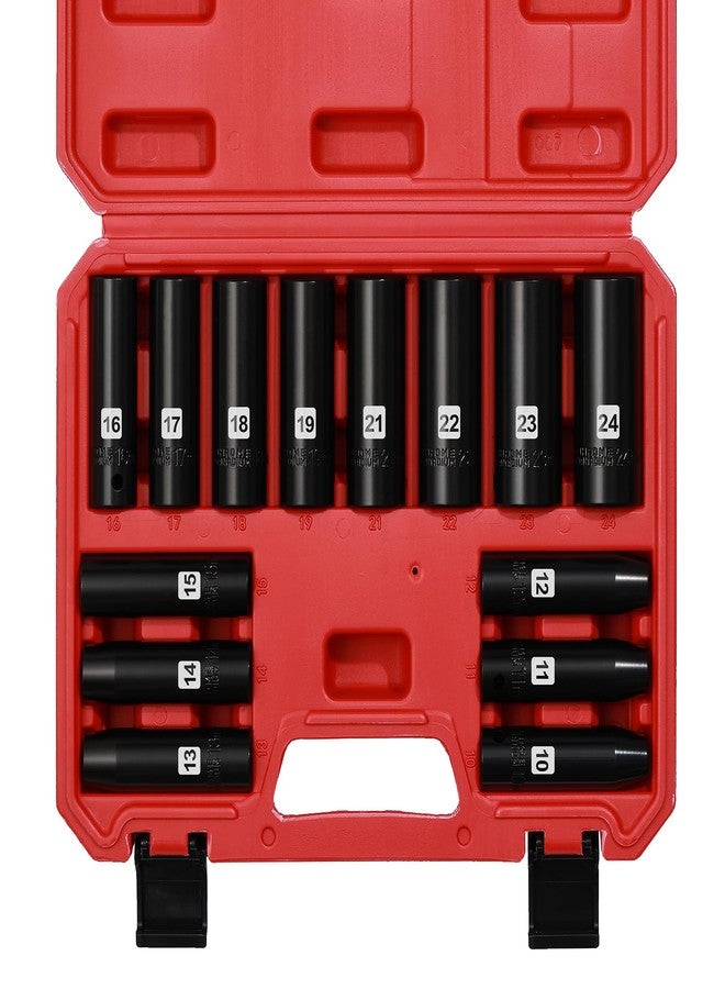 EMENTOL 14PCS 1/2" Drive Deep Impact Socket Set, Metric, 6-Point, CR-V, 14 Pieces 1/2 Inch Dr. Deep Socket Set, 10 mm - 24 mm - Image 1