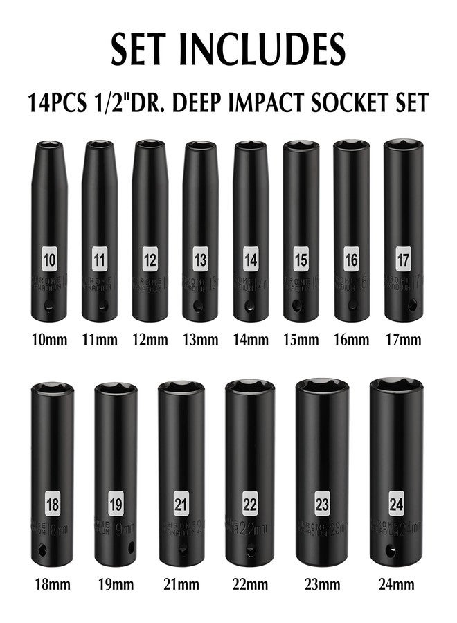 EMENTOL 14PCS 1/2" Drive Deep Impact Socket Set, Metric, 6-Point, CR-V, 14 Pieces 1/2 Inch Dr. Deep Socket Set, 10 mm - 24 mm - Image 2
