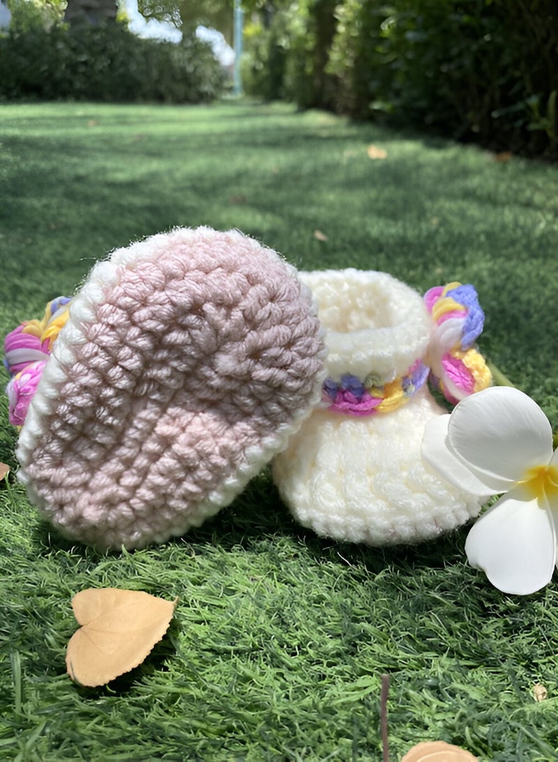 Braidise Creations Off White Braided Baby Booties With Puff Flower 4 inch sole for new born, 2 to 6 months baby feet - Image 3