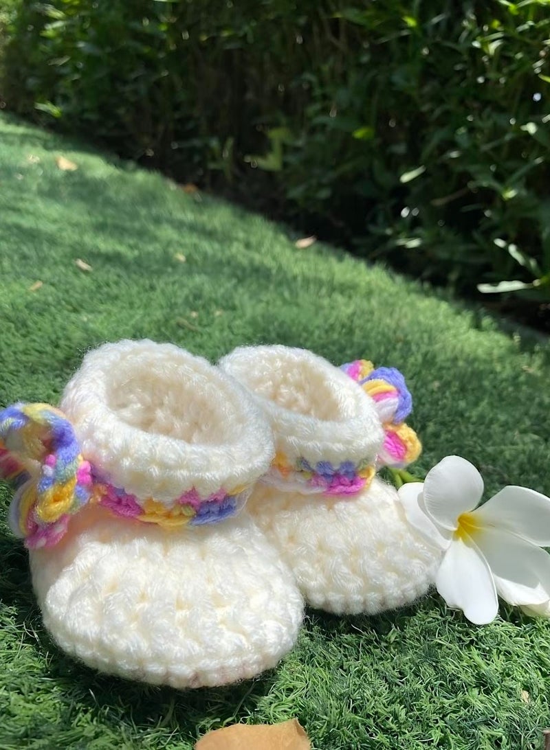 Braidise Creations Off White Braided Baby Booties With Puff Flower 4 inch sole for new born, 2 to 6 months baby feet - Image 2
