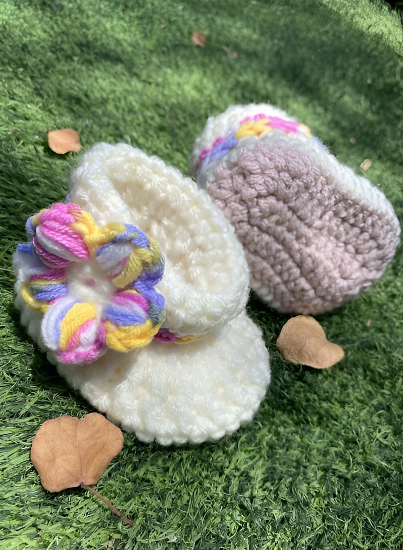 Braidise Creations Off White Braided Baby Booties With Puff Flower 4 inch sole for new born, 2 to 6 months baby feet - Image 1