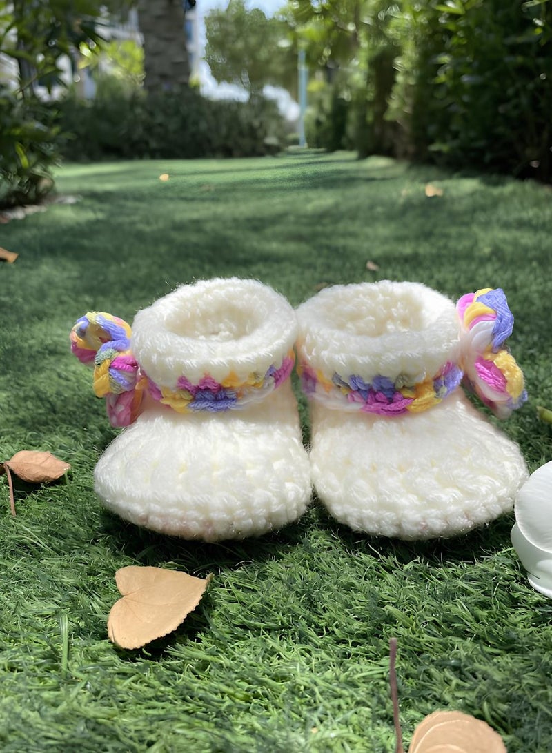 Braidise Creations Off White Braided Baby Booties With Puff Flower 4 inch sole for new born, 2 to 6 months baby feet - Image 5