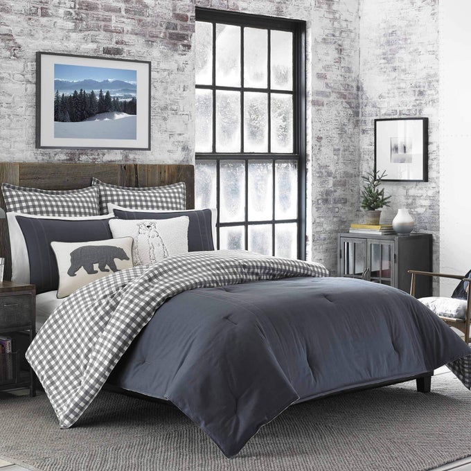 TWIN COMFORTER SET REVERSIBLE COTTON BEDDING WITH MATCHING SHAM PREWASHED FOR ADDED SOFTNESS KINGSTON CHARCOAL TWIN