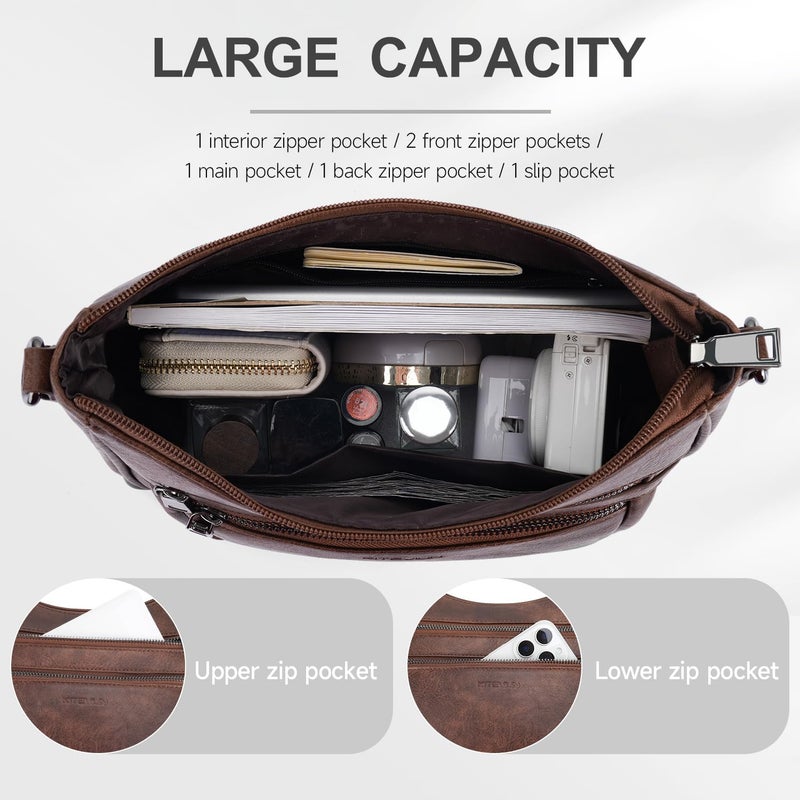 KITEVIUN Crossbody Bags for Women Leather Purse Trendy Multi Pocket Shoulder Handbags with Adjustable Guitar Strap - Image 3