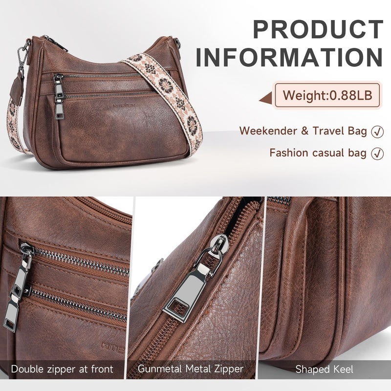 KITEVIUN Crossbody Bags for Women Leather Purse Trendy Multi Pocket Shoulder Handbags with Adjustable Guitar Strap - Image 4