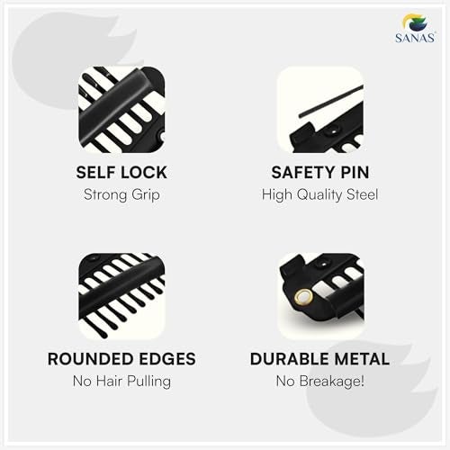 Sanas Hair Extension Clips For Women (6Pcs) Dupatta Clips For Brides (10 Teeth) Dupatta Safety Pins For Women Saree Pallu Pin For Head Bridal Dupatta Setting Clip Safety Hijab Hair Pins (6Pcs) (Black) - Image 3