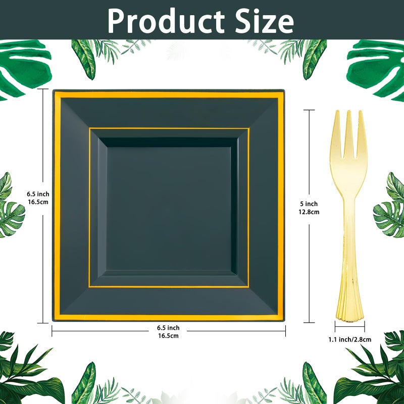 WDF 200PCS Green and Gold Plastic Dessert Plates with Plastic Forks -6 100 Square Disposable Appetizer Plates Small Plates Cake Plates with Gold&100 Green Small Appetizer Forks for St. Patricks Day - Image 2