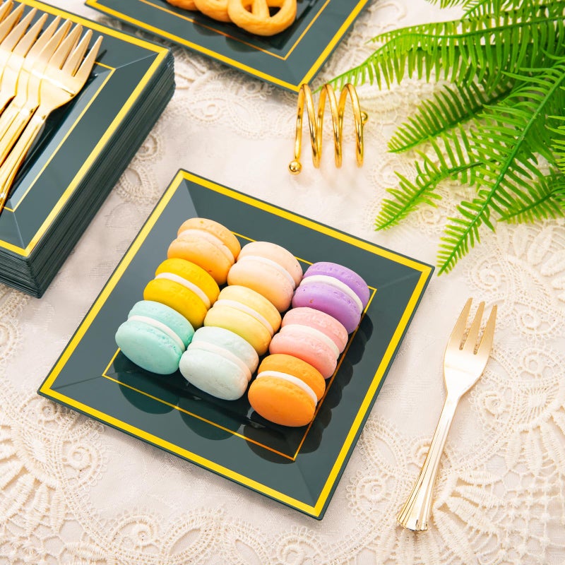 WDF 200PCS Green and Gold Plastic Dessert Plates with Plastic Forks -6 100 Square Disposable Appetizer Plates Small Plates Cake Plates with Gold&100 Green Small Appetizer Forks for St. Patricks Day - Image 4