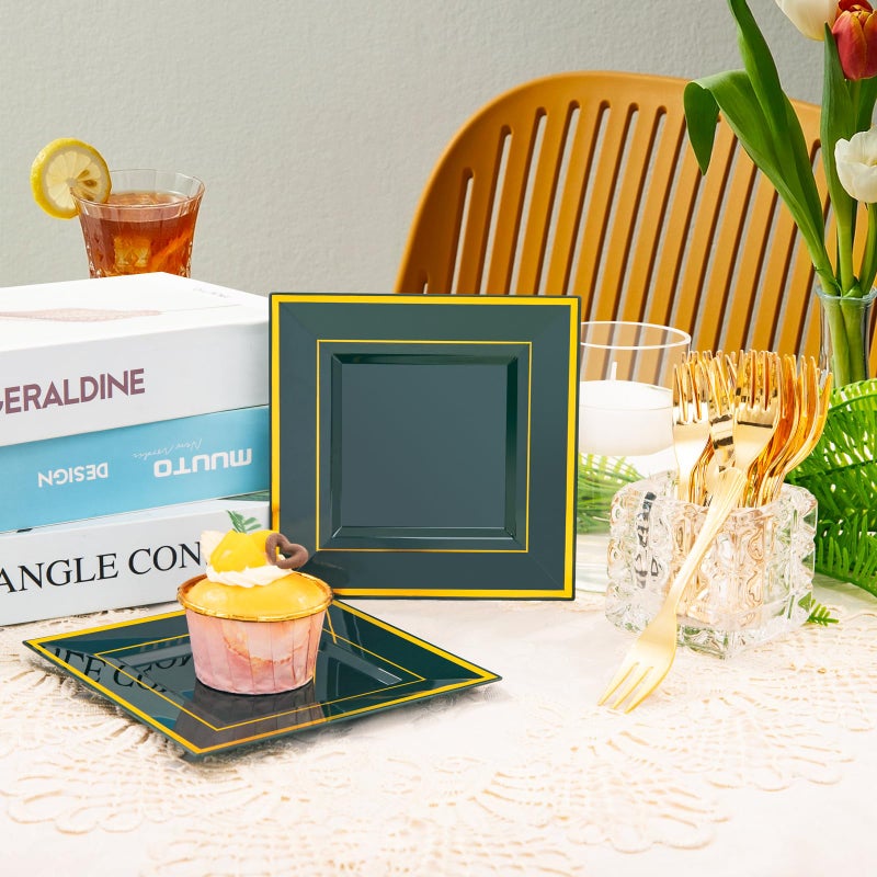 WDF 200PCS Green and Gold Plastic Dessert Plates with Plastic Forks -6 100 Square Disposable Appetizer Plates Small Plates Cake Plates with Gold&100 Green Small Appetizer Forks for St. Patricks Day - Image 3