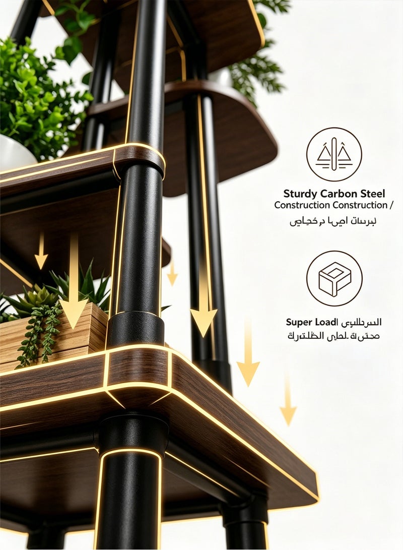 باور حامل نباتات معدني متحرك بخمسة مستويات للاستخدام الداخلي والخارجي، رف متعدد الطبقات لأواني الزهور مزود بعجلات، رف زاوية موفر للمساحة لغرفة المعيشة والشرفة والحديقة والفناء، مصمم لتحمل الأحمال الثقيلة - Image 3
