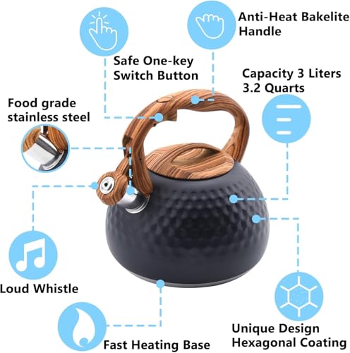 Foedo Tea Kettle Stovetop, 3.2 Qt Stainless Steel Whistling Kettle for Stove Top, Food Grade Teapot with Wood Pattern Handle for Coffee, Milk etc, Gas Electric Applicable (Black) - Image 3