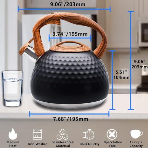 Foedo Tea Kettle Stovetop, 3.2 Qt Stainless Steel Whistling Kettle for Stove Top, Food Grade Teapot with Wood Pattern Handle for Coffee, Milk etc, Gas Electric Applicable (Black) - Image 2