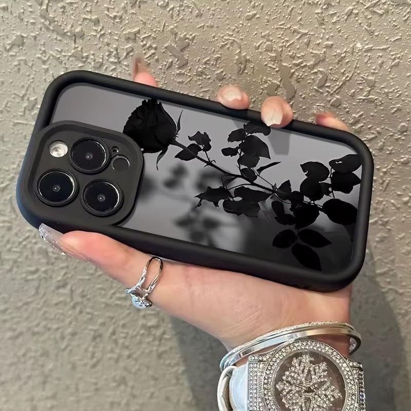 COVERLY Black Dark Rose Back Case for iPhone 15 | Hot 3D Minimalist Shadow Floral Cute Design | Camera Lens Protection | Soft TPU Silicone Aesthetic Print Cover for Girls & Women (Black, Shockproof) - Image 3
