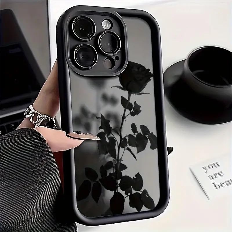 COVERLY Black Dark Rose Back Case for iPhone 15 | Hot 3D Minimalist Shadow Floral Cute Design | Camera Lens Protection | Soft TPU Silicone Aesthetic Print Cover for Girls & Women (Black, Shockproof) - Image 1