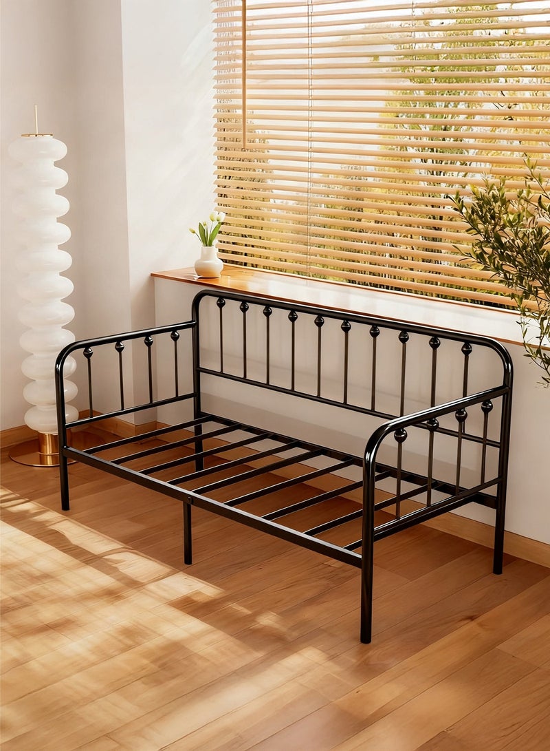 يانارا سرير يومي معدني مقاس 190×100 سم، إطار قوي مع شرائح معدنية، قابل للاستخدام كسرير وأريكة، قاعدة مرتفعة لحمل المرتبة، سرير فردي - أسود - Image 2