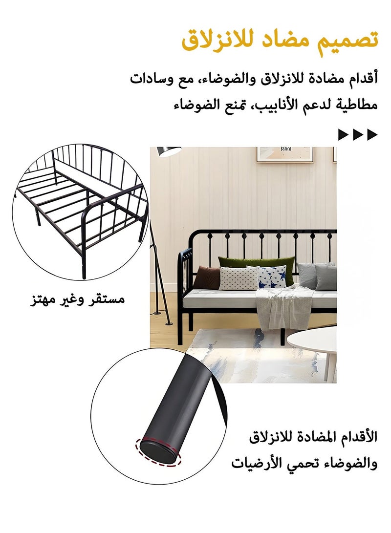 يانارا سرير يومي معدني مقاس 190×100 سم، إطار قوي مع شرائح معدنية، قابل للاستخدام كسرير وأريكة، قاعدة مرتفعة لحمل المرتبة، سرير فردي - أسود - Image 4