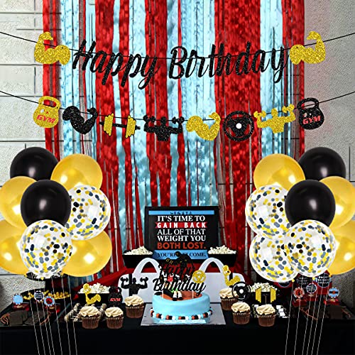 Funmemoir Gym Birthday Party Decorations Black and Gold Fitness Themed Party Decorations for Men, Weight Lifting Theme Party Supplies with Fitness Cake Topper Glitter Gym Happy Birthday Banner - Image 5