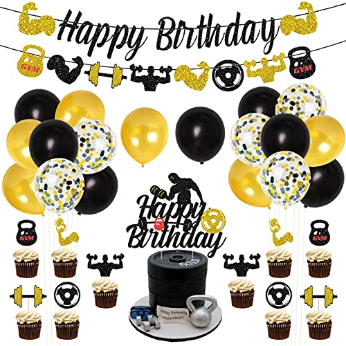 Funmemoir Gym Birthday Party Decorations Black and Gold Fitness Themed Party Decorations for Men, Weight Lifting Theme Party Supplies with Fitness Cake Topper Glitter Gym Happy Birthday Banner - Image 1