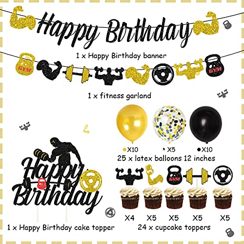 Funmemoir Gym Birthday Party Decorations Black and Gold Fitness Themed Party Decorations for Men, Weight Lifting Theme Party Supplies with Fitness Cake Topper Glitter Gym Happy Birthday Banner - Image 2