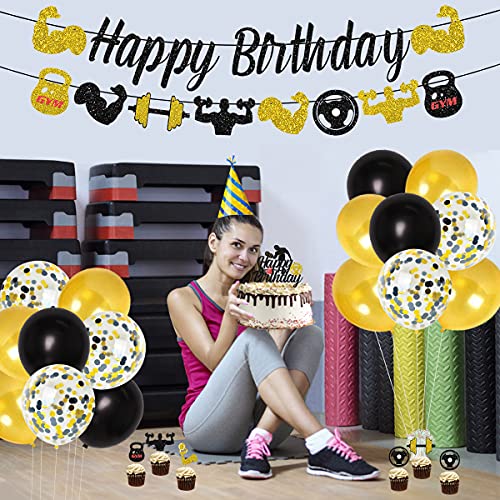 Funmemoir Gym Birthday Party Decorations Black and Gold Fitness Themed Party Decorations for Men, Weight Lifting Theme Party Supplies with Fitness Cake Topper Glitter Gym Happy Birthday Banner - Image 4