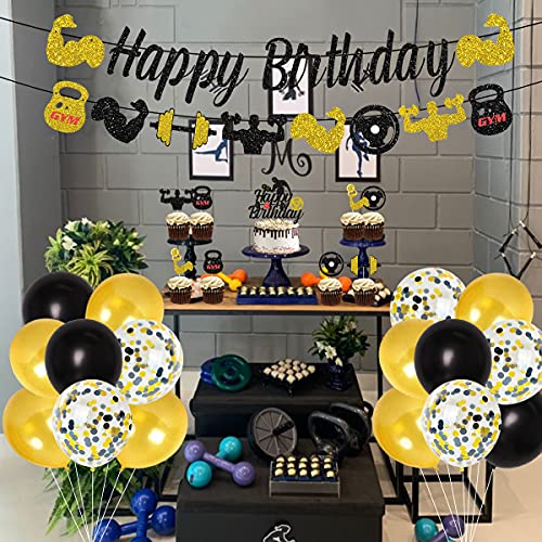 Funmemoir Gym Birthday Party Decorations Black and Gold Fitness Themed Party Decorations for Men, Weight Lifting Theme Party Supplies with Fitness Cake Topper Glitter Gym Happy Birthday Banner - Image 3