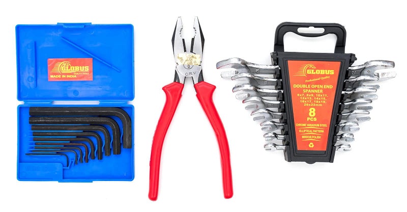 GLOBUS 1472 STEEL HAND TOOL SET/3 PCS (ALLEN KEY SET/9 PCS, DOUBLE OPEN END SPANNER SET/8 PCS IN RAKE CHROME MATT FINISH AND COMBINATION PLIER 8") - Image 1