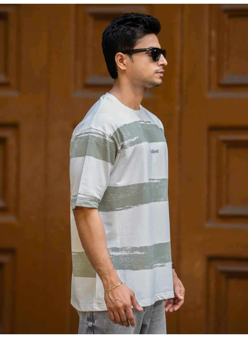 Maniac  Mens Striped Round Neck 3/4th Sleeve Half White and Hunter Green Cotton T-Shirt for Men | Best Price UAE