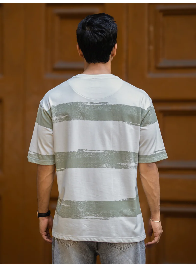 Maniac  Mens Striped Round Neck 3/4th Sleeve Half White and Hunter Green Cotton T-Shirt for Men | Best Price UAE