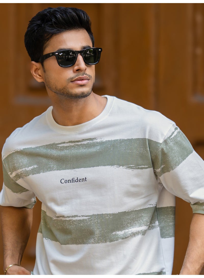 مانياك تيشيرت قطن رجالي مخطط بياقة دائرية وأكمام 3/4 - أبيض وأخضر غامق - Image 1