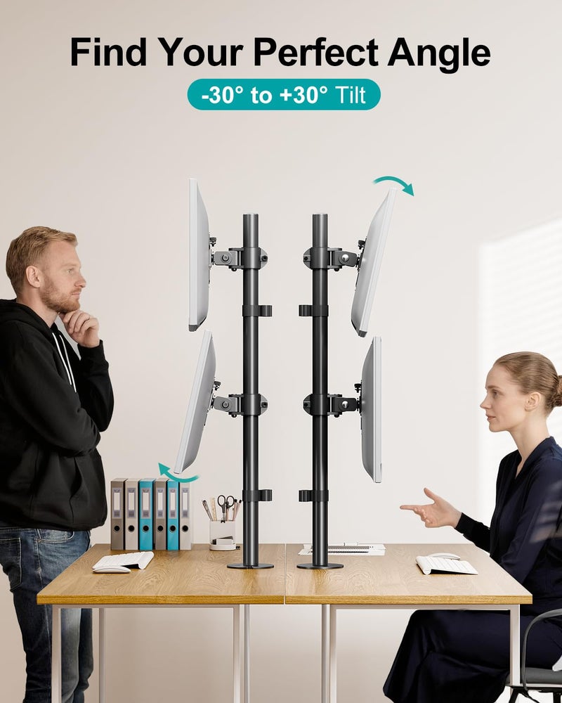 MOUNT PRO Vertical Dual Monitor Stand, Stacked Monitor Mount for 2 Monitors Up to 32 inches, Computer Monitor Arm with Swivel, Tilt, Height Adjustable, Each Monitor Desk Mount Holds up to 17.6 lbs - Image 4