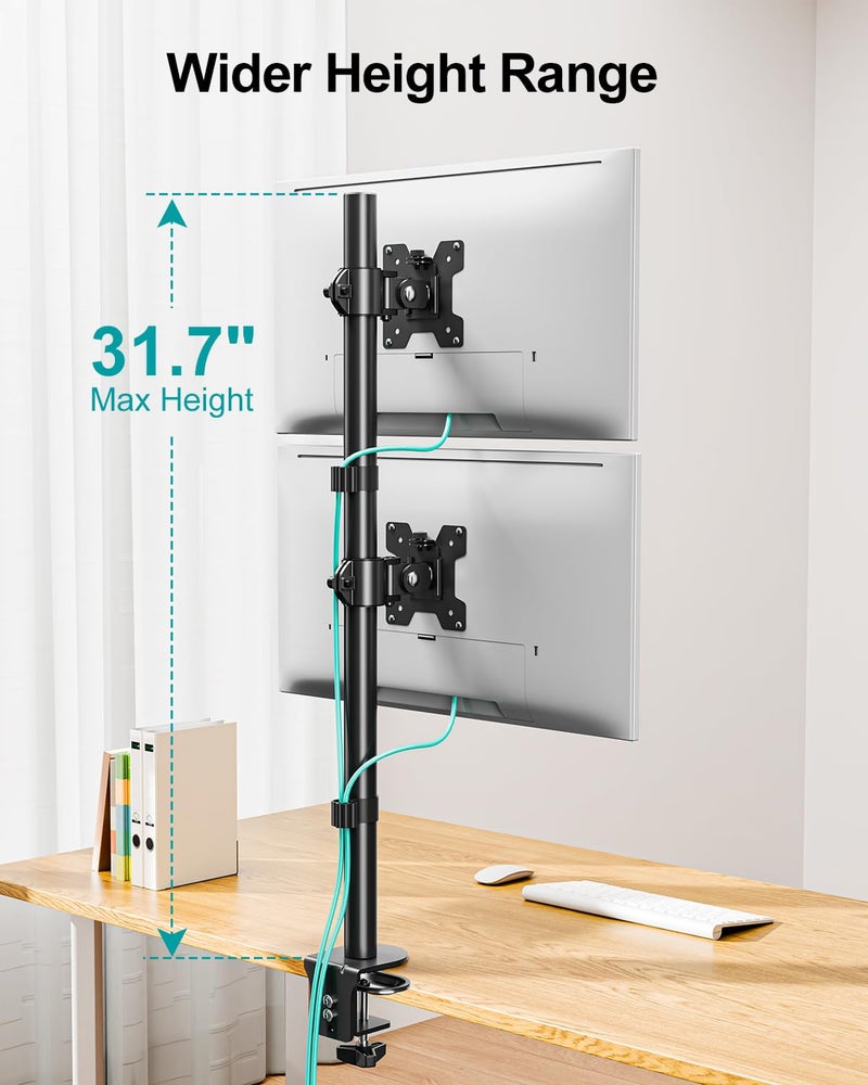 MOUNT PRO Vertical Dual Monitor Stand, Stacked Monitor Mount for 2 Monitors Up to 32 inches, Computer Monitor Arm with Swivel, Tilt, Height Adjustable, Each Monitor Desk Mount Holds up to 17.6 lbs - Image 3