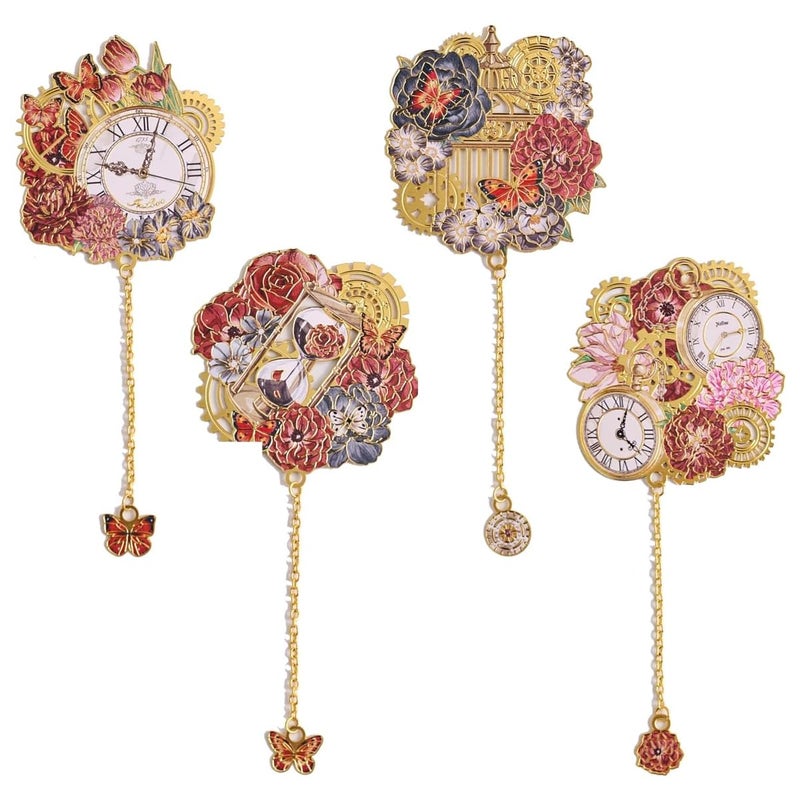 OFIFO ® 4PCS Vintage Metal Bookmarks Set, Pocket Watch Inspired Decorative Bookmarks with Butterfly Flower Embossed Pendant Charm Chain, Unique Gift for Student Teacher Book Lover - Image 1