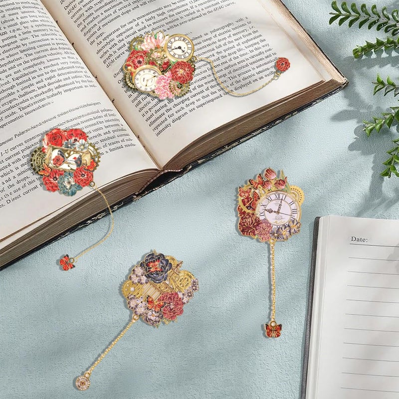 OFIFO ® 4PCS Vintage Metal Bookmarks Set, Pocket Watch Inspired Decorative Bookmarks with Butterfly Flower Embossed Pendant Charm Chain, Unique Gift for Student Teacher Book Lover - Image 5