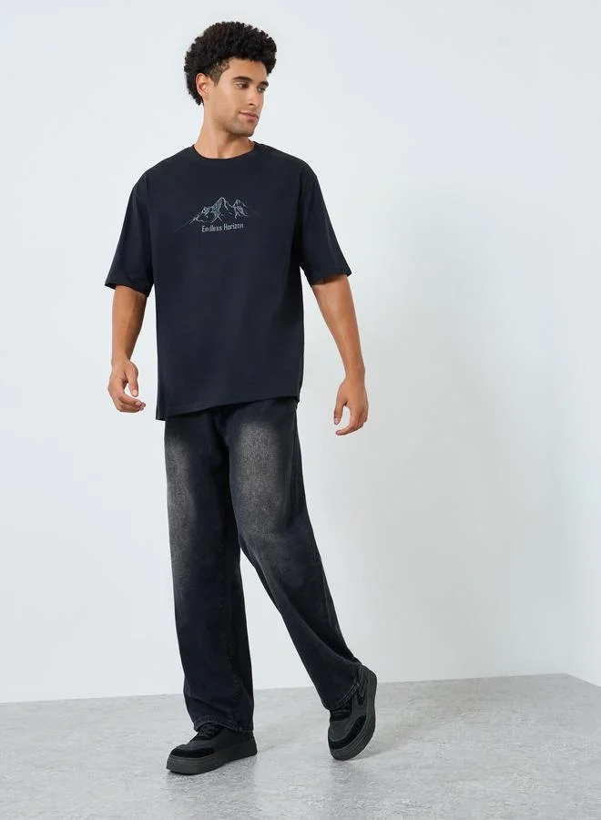 Styli Men Black Graphic Print Oversized T-Shirt
