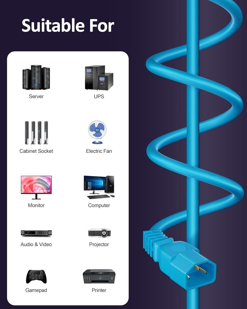 FEDUS كابل طاقة رابط IEC C13 إلى C14 250 فولت ذكر أنثى كابل تمديد، 18AWG 10A للكمبيوتر، الطابعة، SMPS، الشاشة، الخادم، عرض سميك (أزرق، 1.8 متر) - Image 2