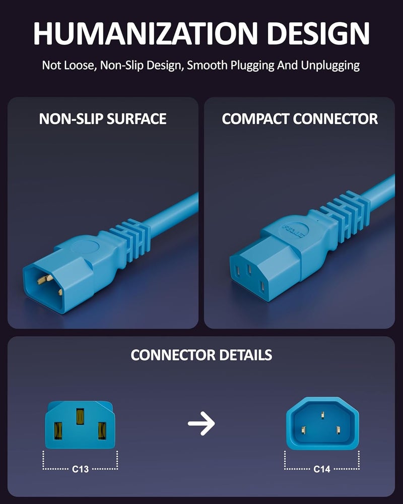 FEDUS كابل طاقة رابط IEC C13 إلى C14 250 فولت ذكر أنثى كابل تمديد، 18AWG 10A للكمبيوتر، الطابعة، SMPS، الشاشة، الخادم، عرض سميك (أزرق، 1.8 متر) - Image 3